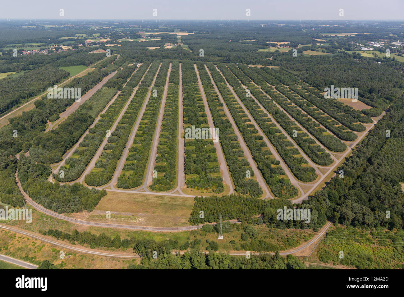 Aerial view, Muna, ammunition bunkers Bundeswehr in Wulfen, Depot of the german forces,  Aerial view of Dorsten, Ruhr area, Stock Photo