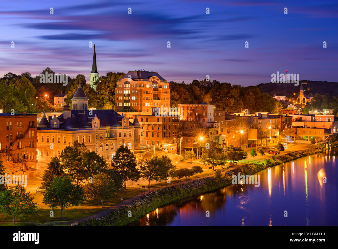 Augusta, Maine, USA downtown skyline on the Kennebec River. Stock Photo