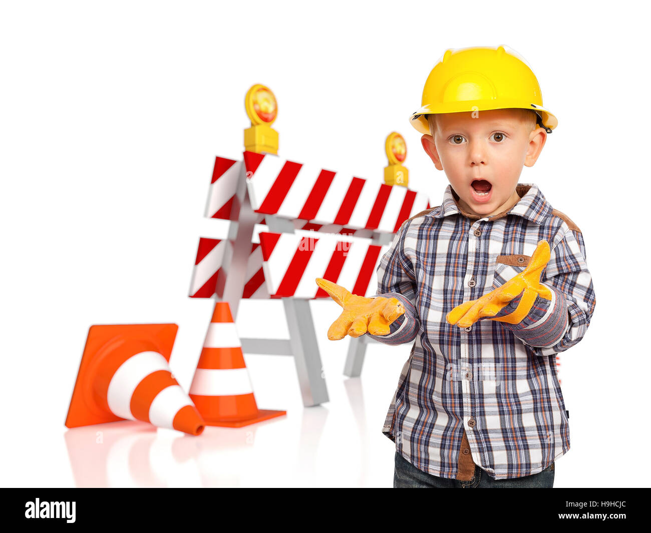 traffic barrier 3d and handyman child Stock Photo