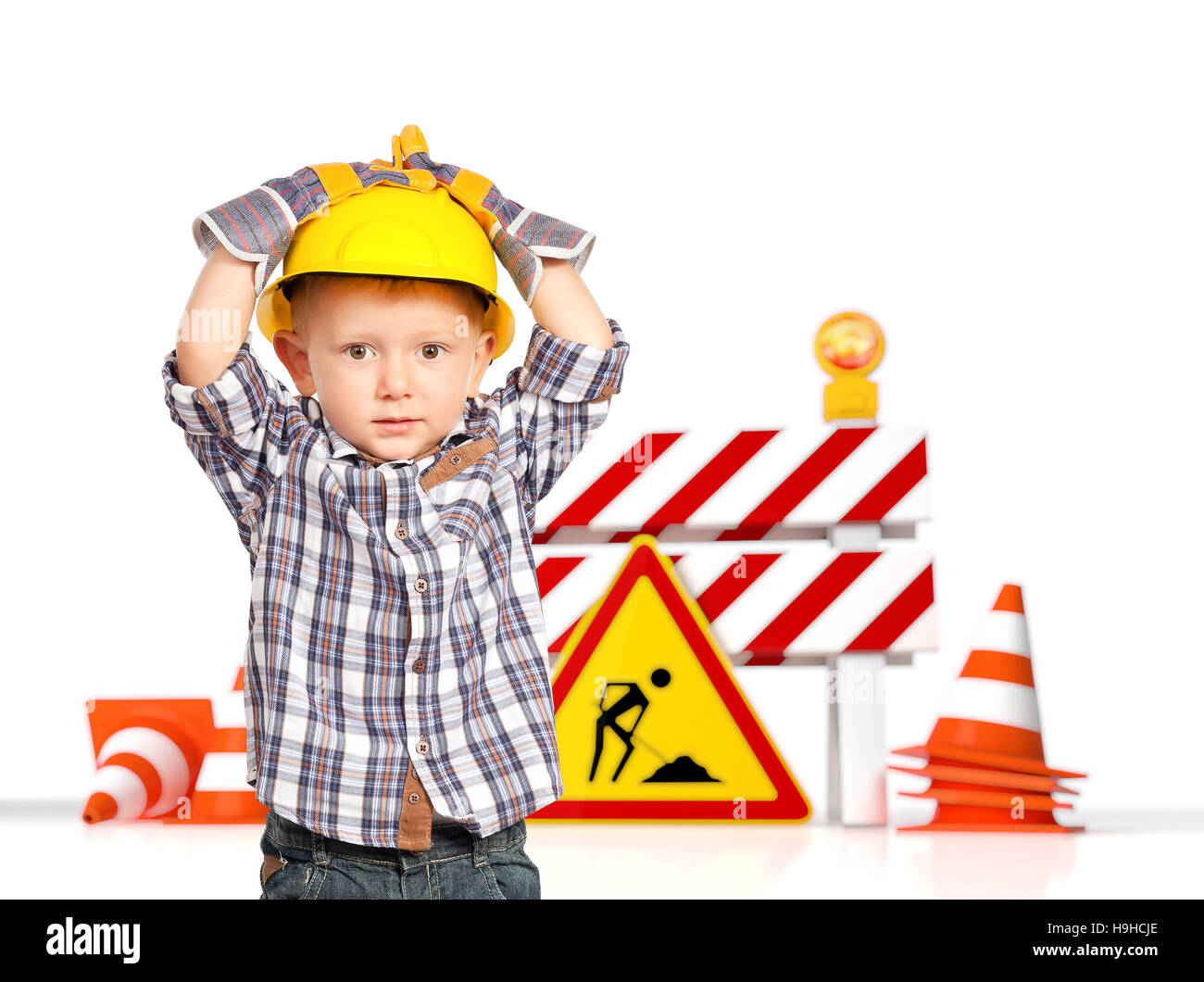 traffic barrier 3d and handyman child Stock Photo