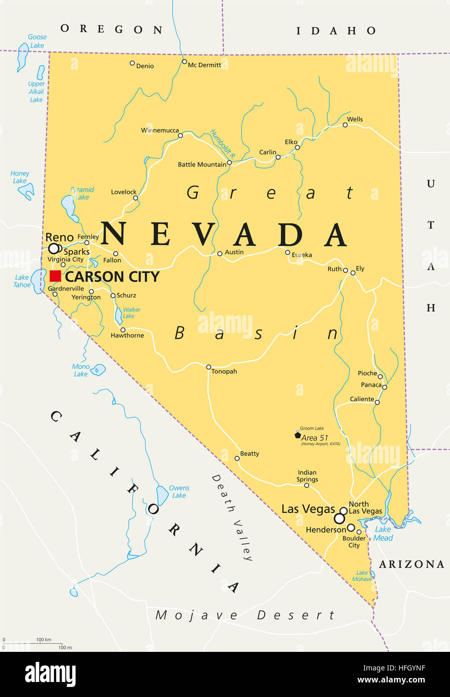 Nevada political map with capital Carson City. State in the Western, Mountain West and Southwestern regions of USA. Stock Photo