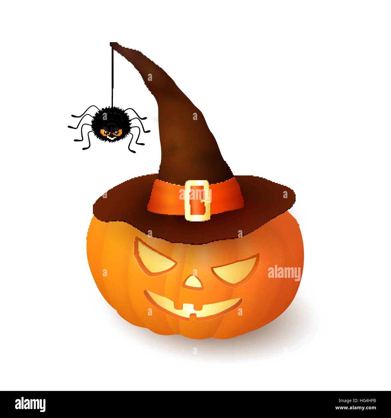 Cartoon Halloween 3d pumpkin with witch hat and hanging hairy black spider isolated on white background. Scary squash wearing brown cap with an orange ribbon and buckle. Vector illustration. Stock Vector