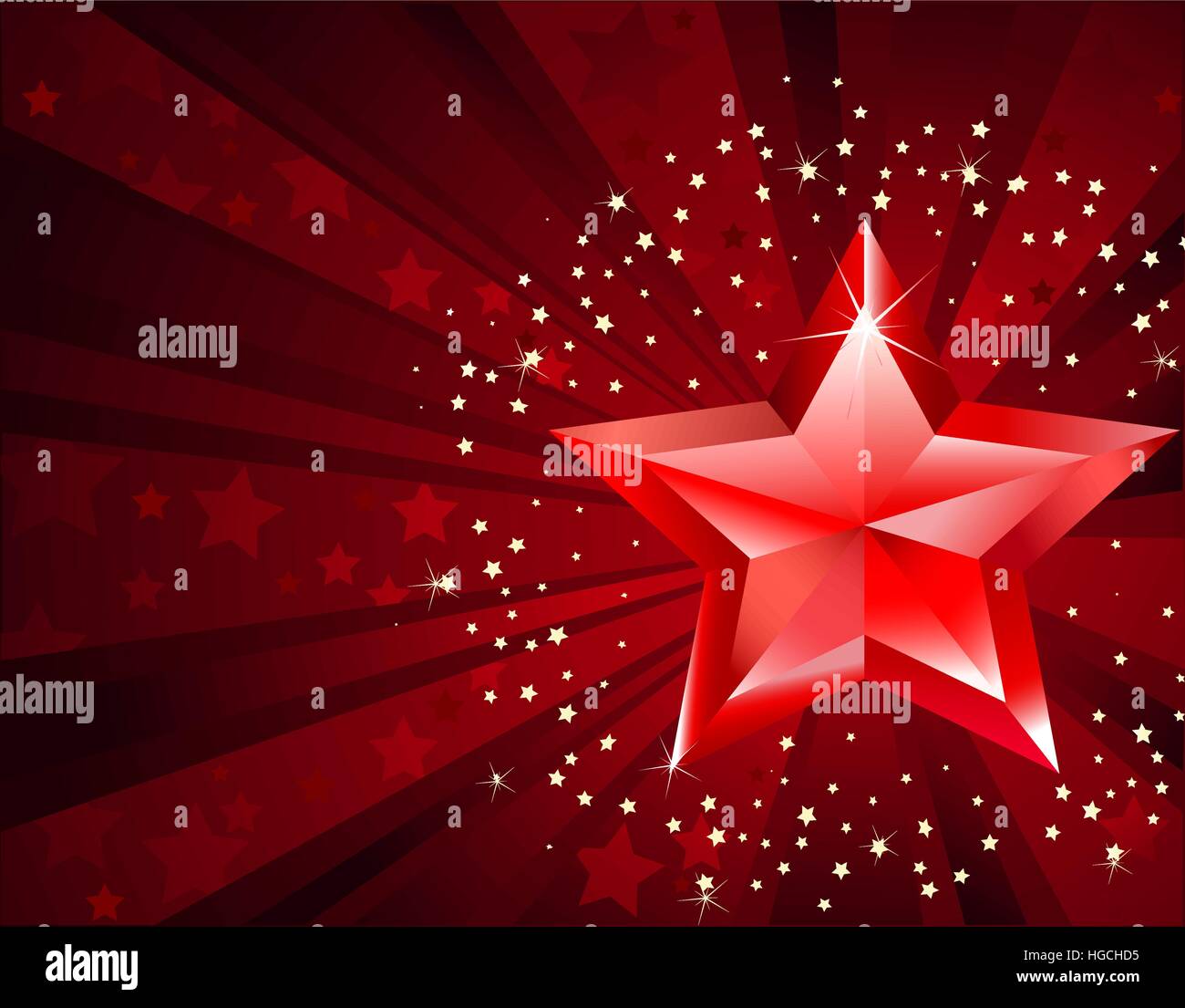 red pure star with the decorated stars by rays on a dark luminous red background Stock Vector