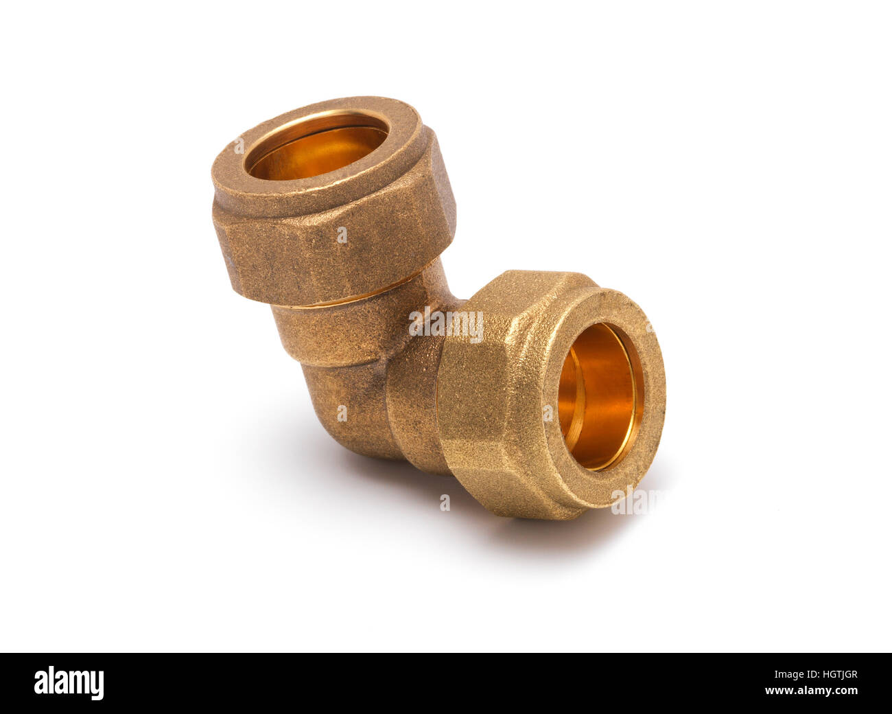 Brass compression plumbing joint Stock Photo