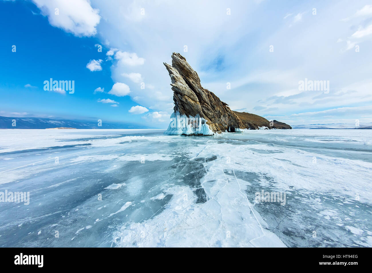 Transparent ice on Lake Baikal near Ogoy island. Siberia, Russia. Stock Photo