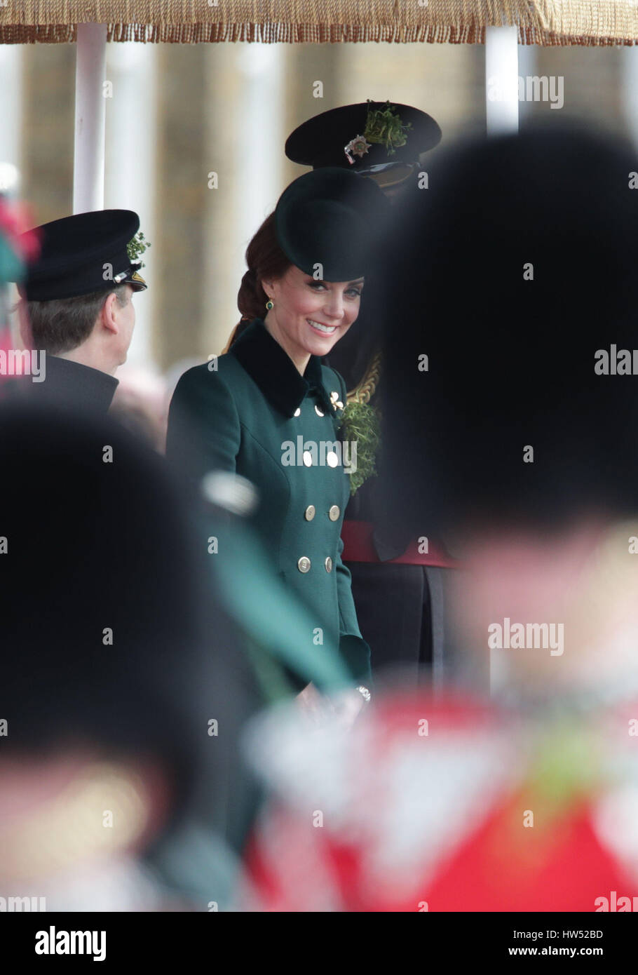 The Duke of Cambridge, Colonel of the Irish Guards, and the Duchess of Cambridge, visit the 1st Battalion Irish Guards during the St. Patrick's Day Parade, at the Cavalry Barracks, in Hounslow, where the Duchess will present the traditional sprigs of shamrock to the Officers and Guardsmen. Stock Photo