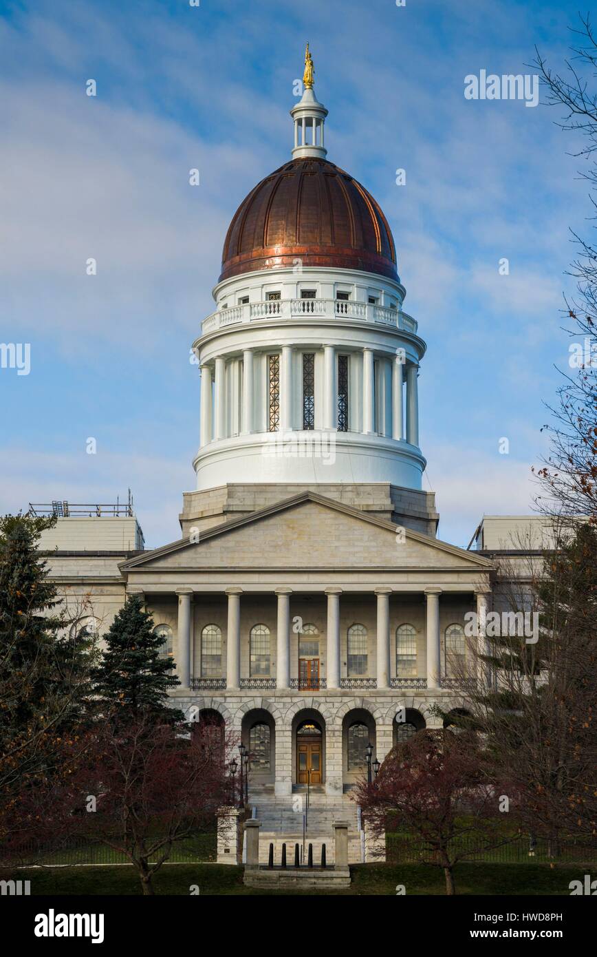 United States, Maine, Augusta, Maine State House, designed by Charles Bulfinch, 1832, with new copper dome, 2014, morning Stock Photo