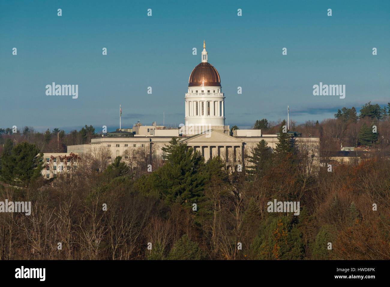 United States, Maine, Augusta, Maine State House, designed by Charles Bulfinch, 1832, with new copper dome, 2014, morning, elevated view Stock Photo