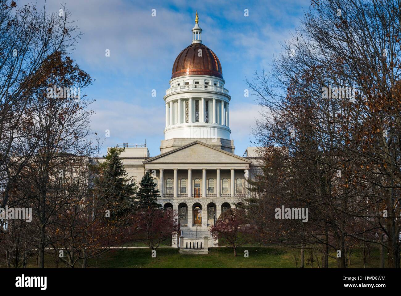 United States, Maine, Augusta, Maine State House, designed by Charles Bulfinch, 1832, with new copper dome, 2014, morning Stock Photo