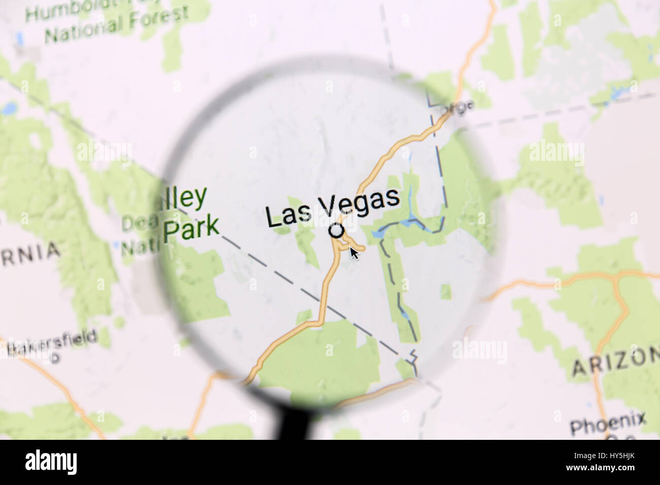 Las vegas map. Map of Las Vegas on Google Maps under a magnifying glass. Las Vegas is the most populated city in the state of Nevada. Stock Photo