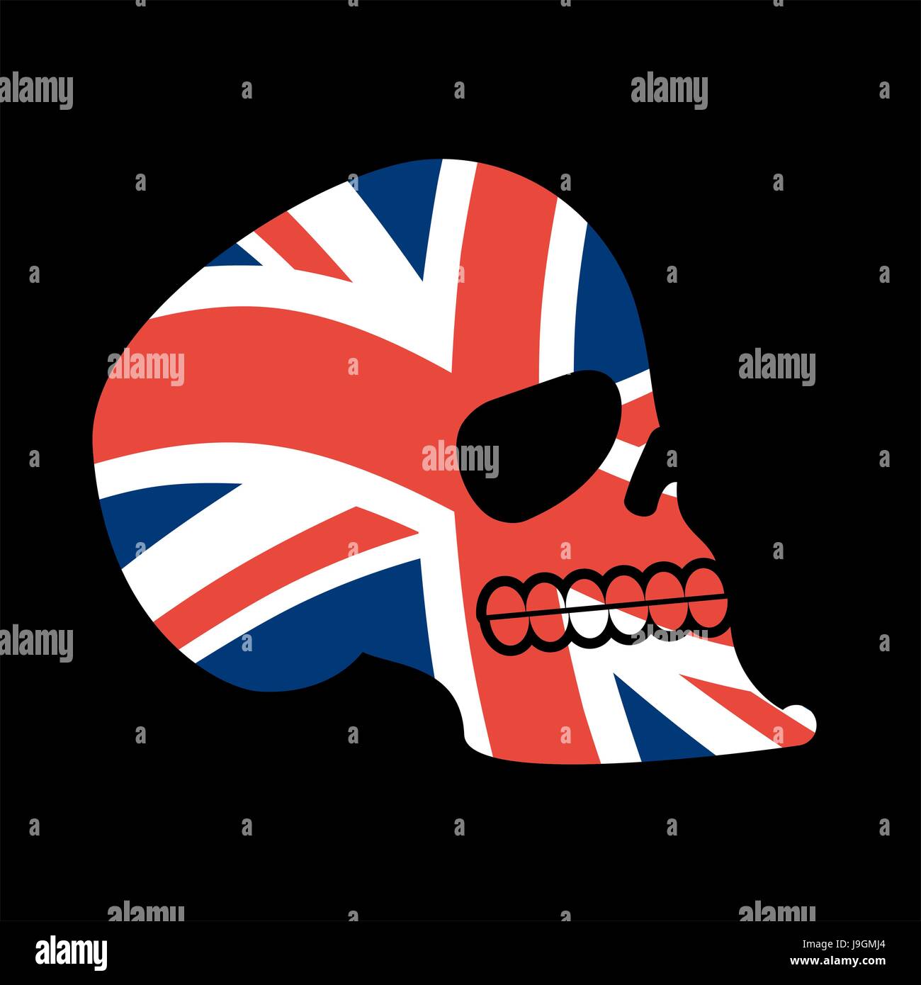 UK skull. Head of skeleton and British flag. Fan emblem Stock Vector