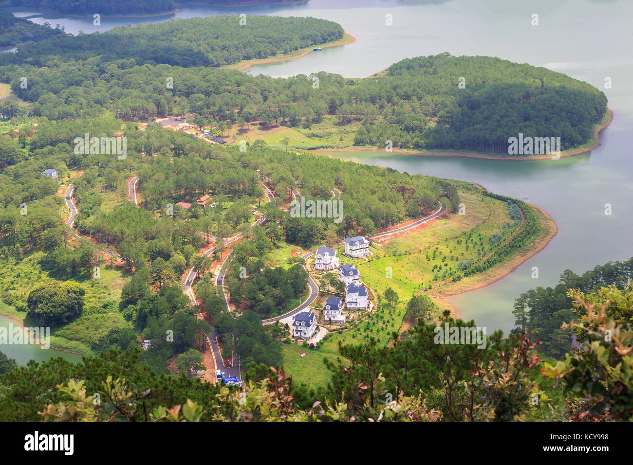 A luxury resort at Tuyen Lam Lake, Dalat, Lam Dong, Vietnam. The resort among green pine forest, fresh air, pure environment, romantic scene Stock Photo