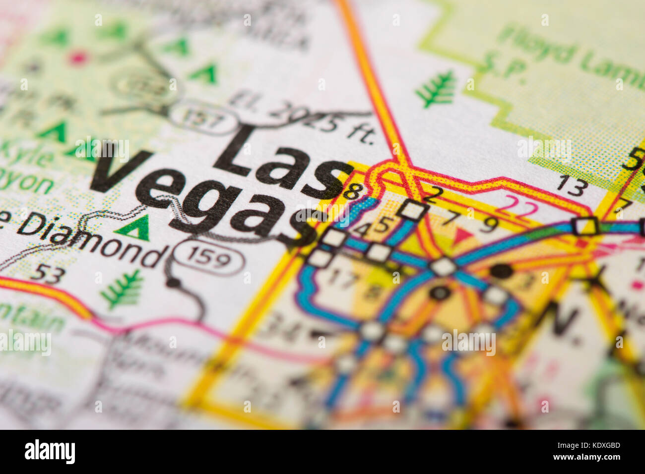 Closeup of Las Vegas, Nevada on a road map of the United States. Stock Photo