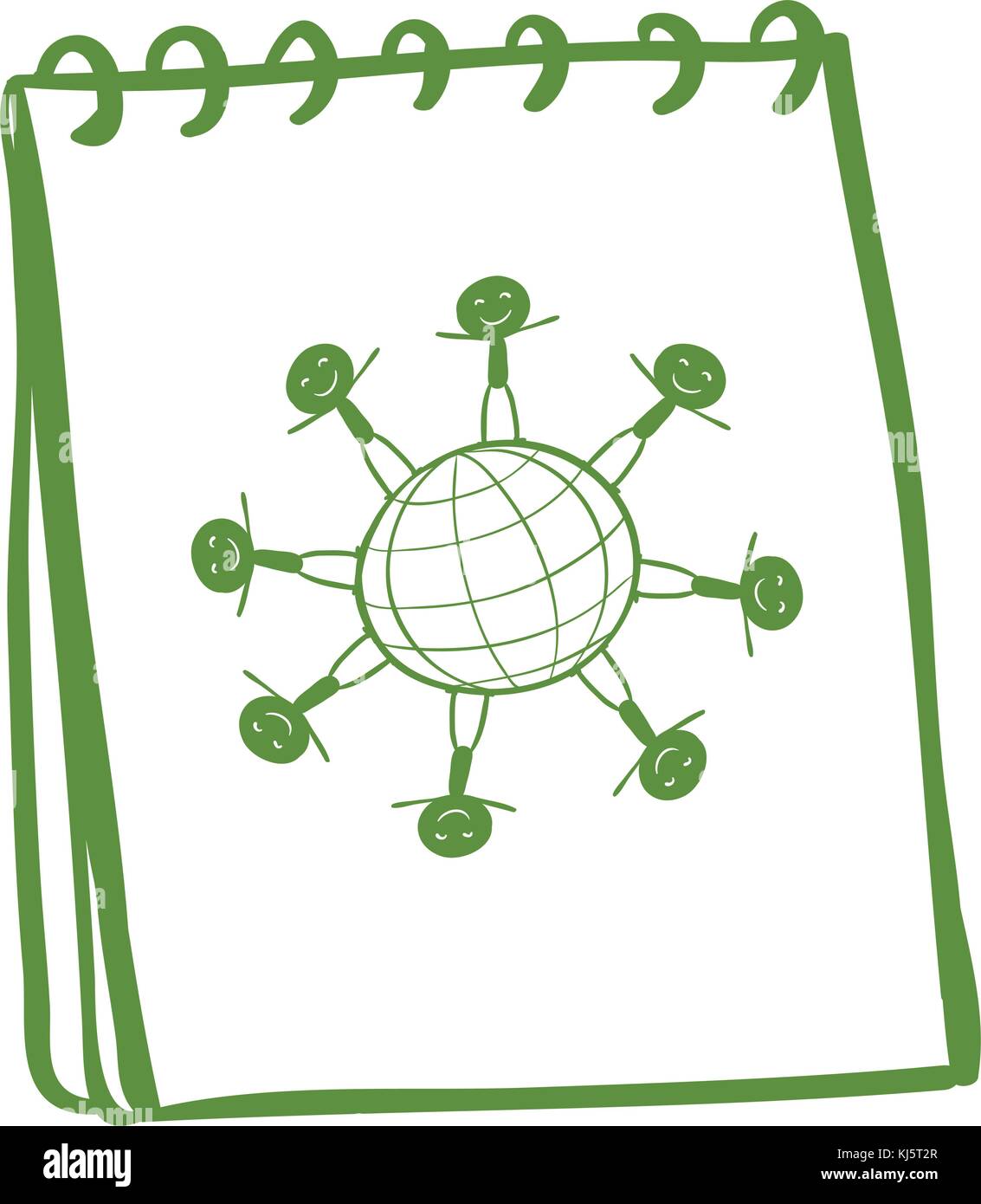 Illustration of a green notebook with a drawing of kids standing around the globe on a white background Stock Vector