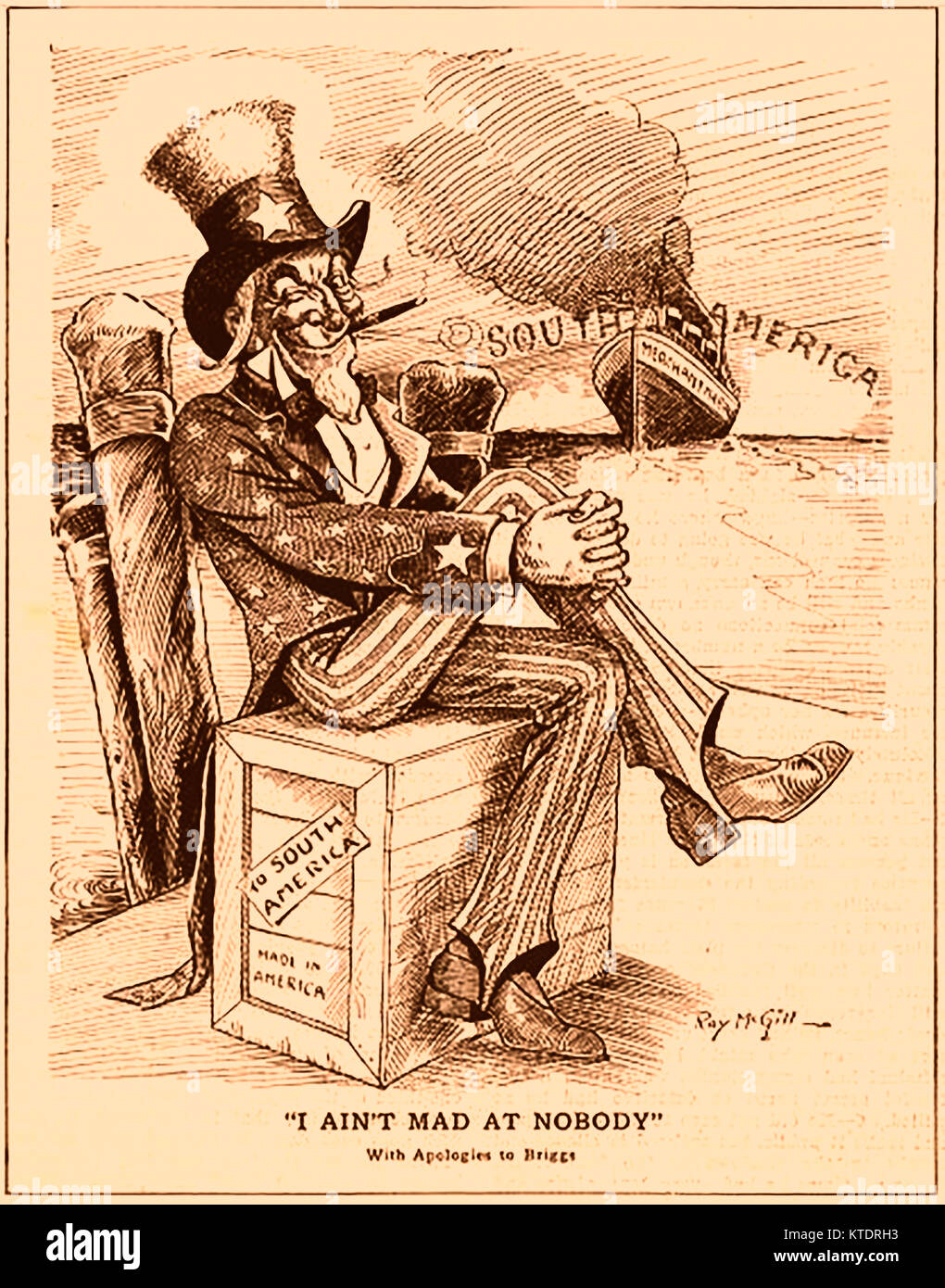 UNCLE SAM political cartoon by Ray McGill - The personification of America. Ready to emigrate to Argentina, South America at the start of the first World War Stock Photo