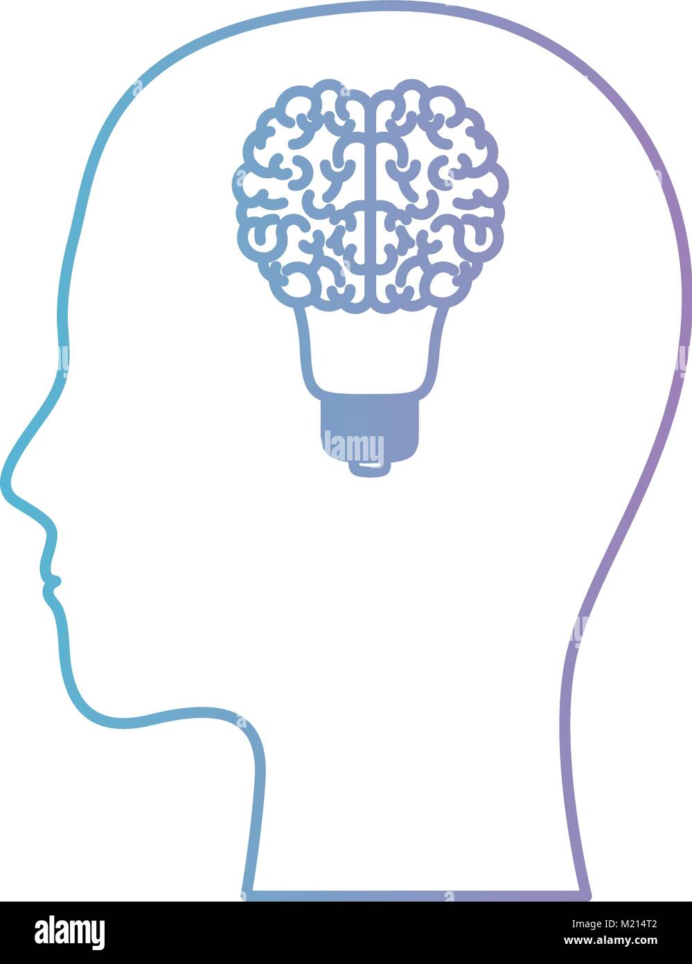 human face silhouette with brain in shape bulb on top in degraded blue to purple color contour Stock Vector