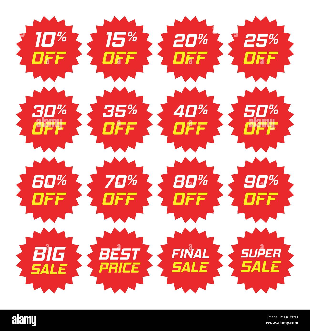 Discount stickers vector icon in flat style. Sale tag sign illustration on white isolated background. Promotion 10, 15, 20, 25, 30, 35, 40, 50, 60, 70 Stock Vector