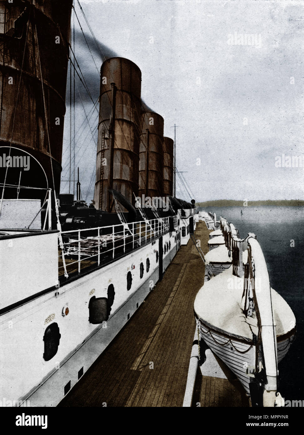 'The boat deck of the Lusitania, showing lifeboats', 1915. Artist: Unknown. Stock Photo