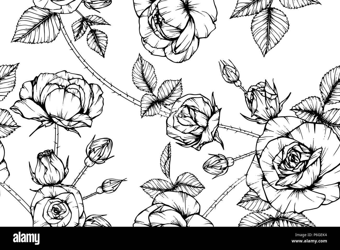 Seamless Rose flower pattern background. Black and white with ...