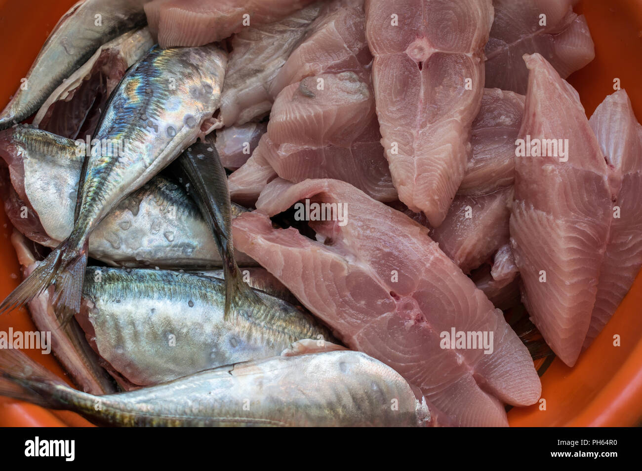 raw horse mackerel with slices of pomfret Stock Photo