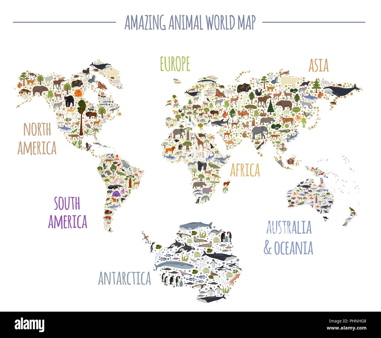 Flat world flora and fauna map constructor elements. Animals, birds and sea life isolated big set. Build your own geography infographics collection. V Stock Vector