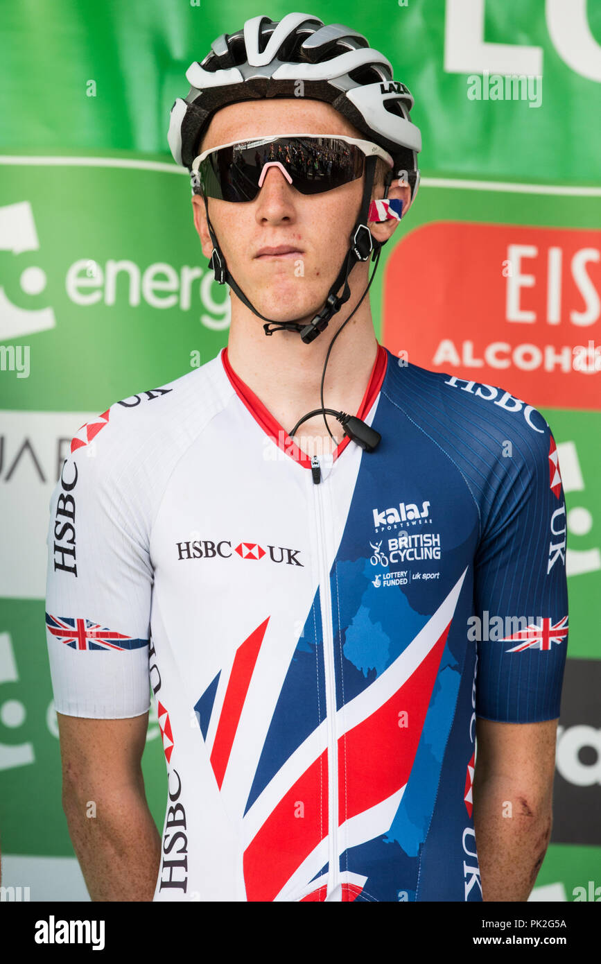 London, UK. 9th September, 2018. Great Britain's Stevie Williams is presented before the 77km London Stage (Stage 8) of the OVO Energy Tour of Britain cycle race. Credit: Mark Kerrison/Alamy Live News Stock Photo