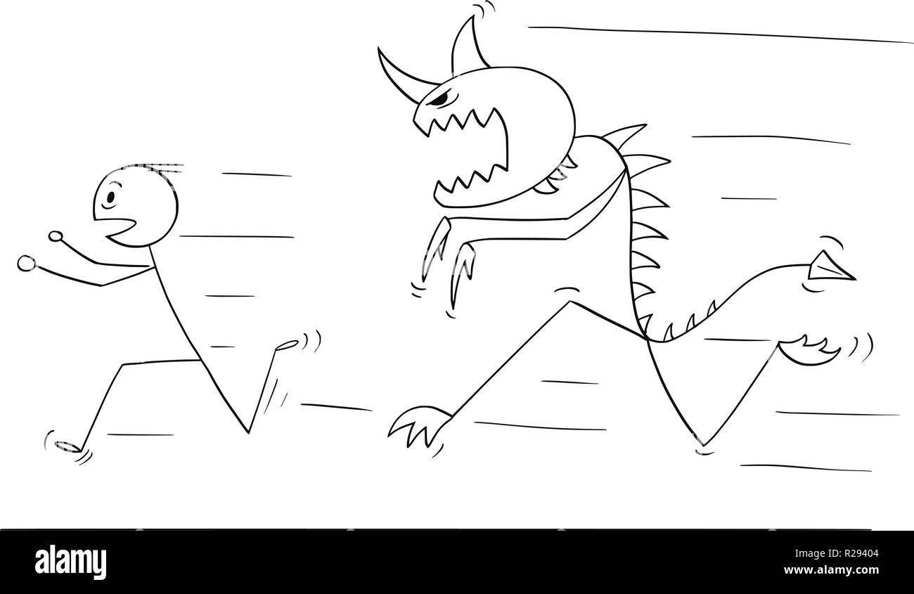 Cartoon of Scared Man Running Away From Monster Creature Stock Vector