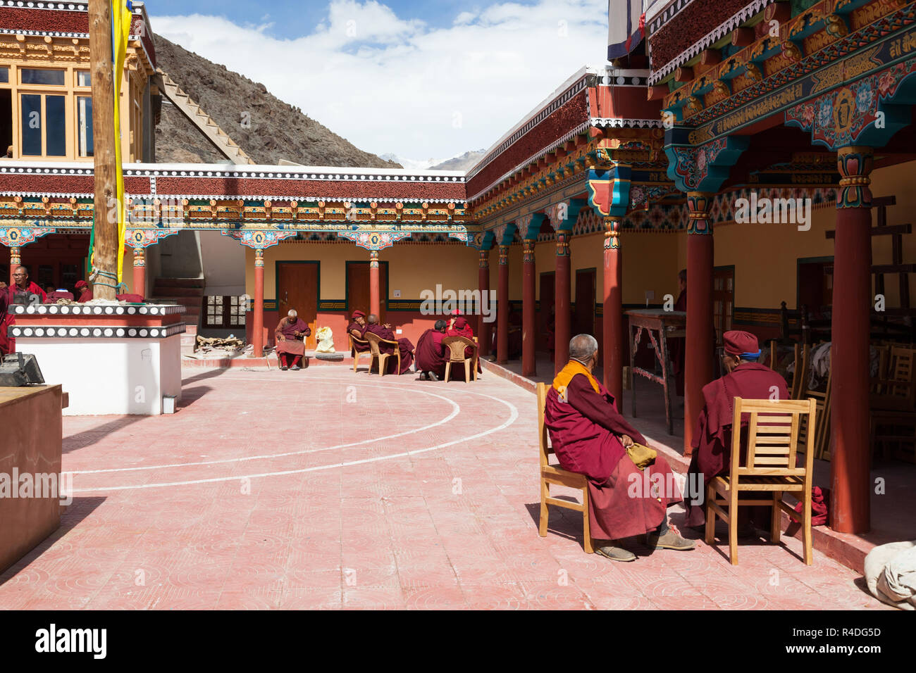 Buddhist monks in Chemrey Gompa, Ladakh, Jammu and Kashmir, India Stock Photo