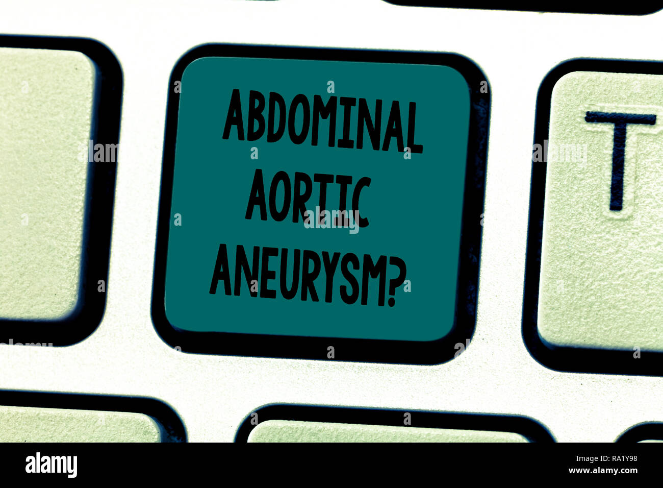 Text sign showing Abdominal Aortic Aneurysmquestion. Conceptual photo getting to know the enlargement of aorta Keyboard key Intention to create comput Stock Photo