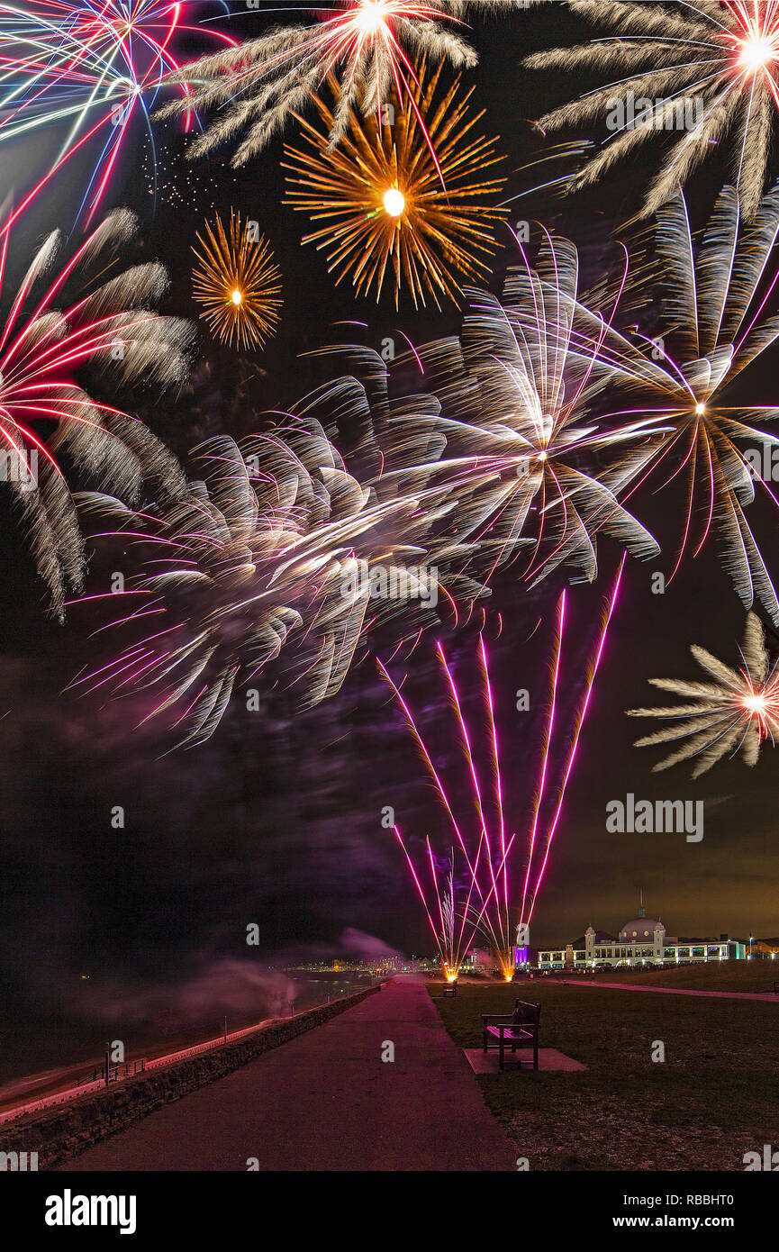 New Year's Eve fireworks above Spanish City, Whitley Bay, North Tyneside, United Kingdom Stock Photo