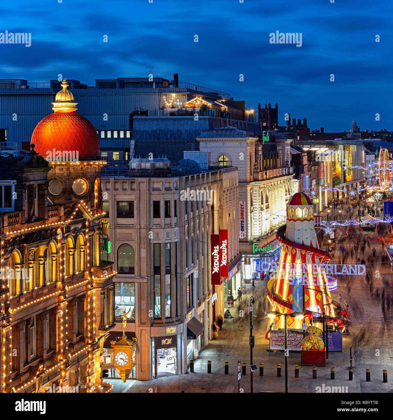 Northumberland Street at dusk at Christmas, Newcastle upon Tyne, North East England, England, United Kingdom Stock Photo