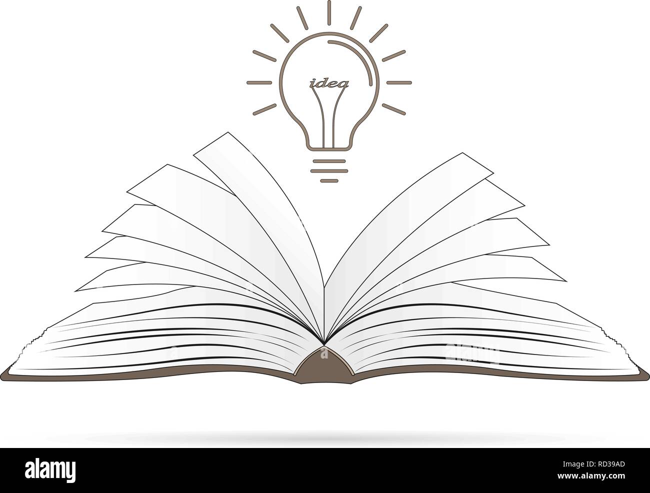 Bright creative idea. Light bulb over opened brown book. Concept of an idea. Vector illustration, EPS10. Stock Vector