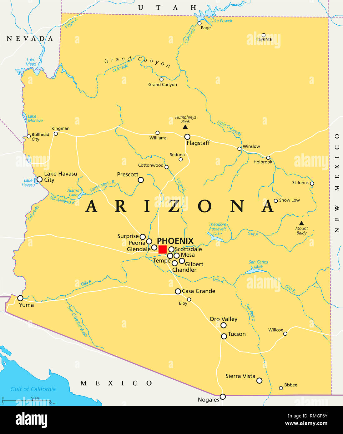 Arizona political map with capital Phoenix, important cities, rivers, lakes. State in southwestern region of United States. Illustration. Stock Photo