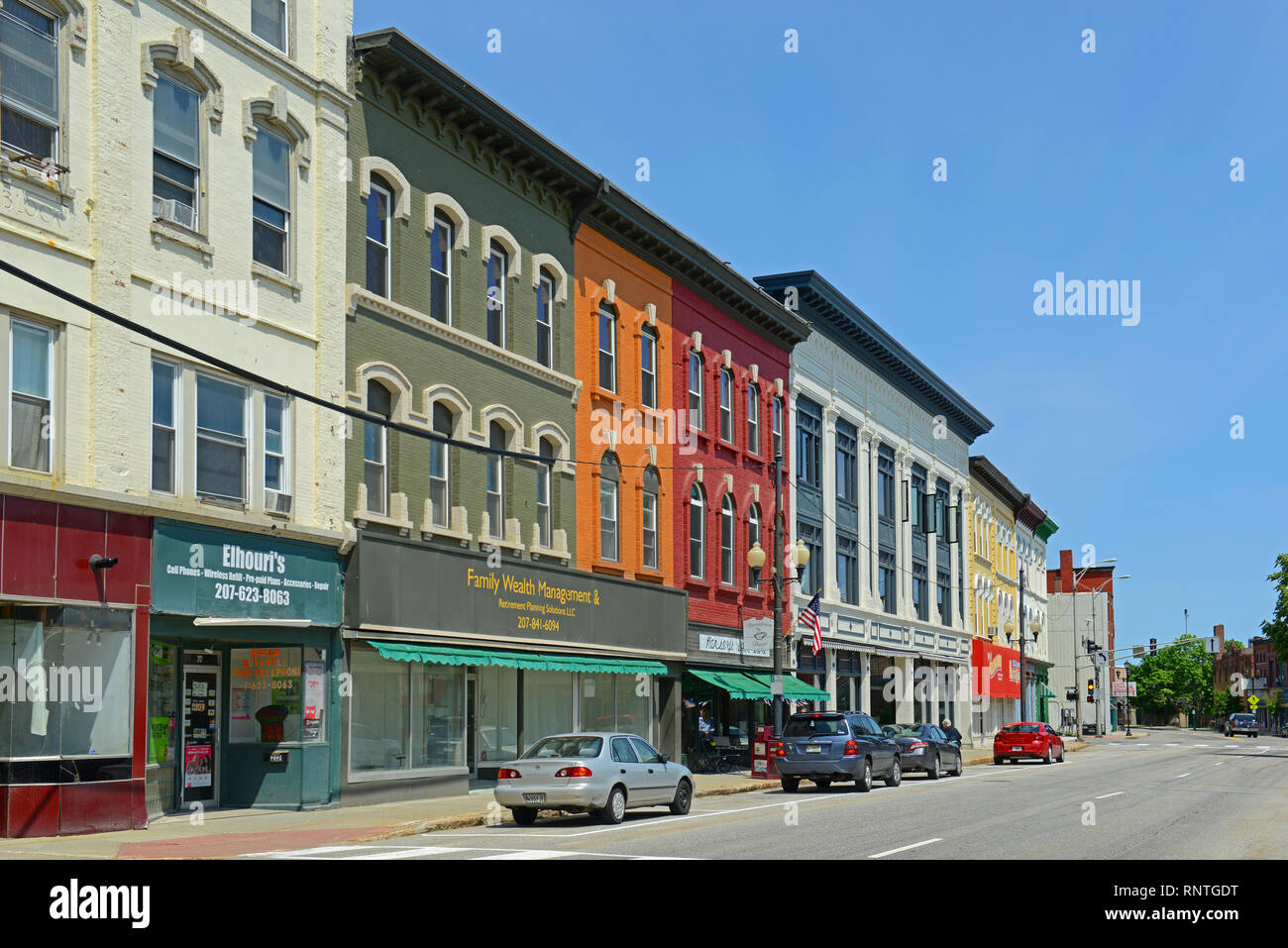 Historic Buildings on Water Street in downtown Augusta, Maine, USA. Stock Photo