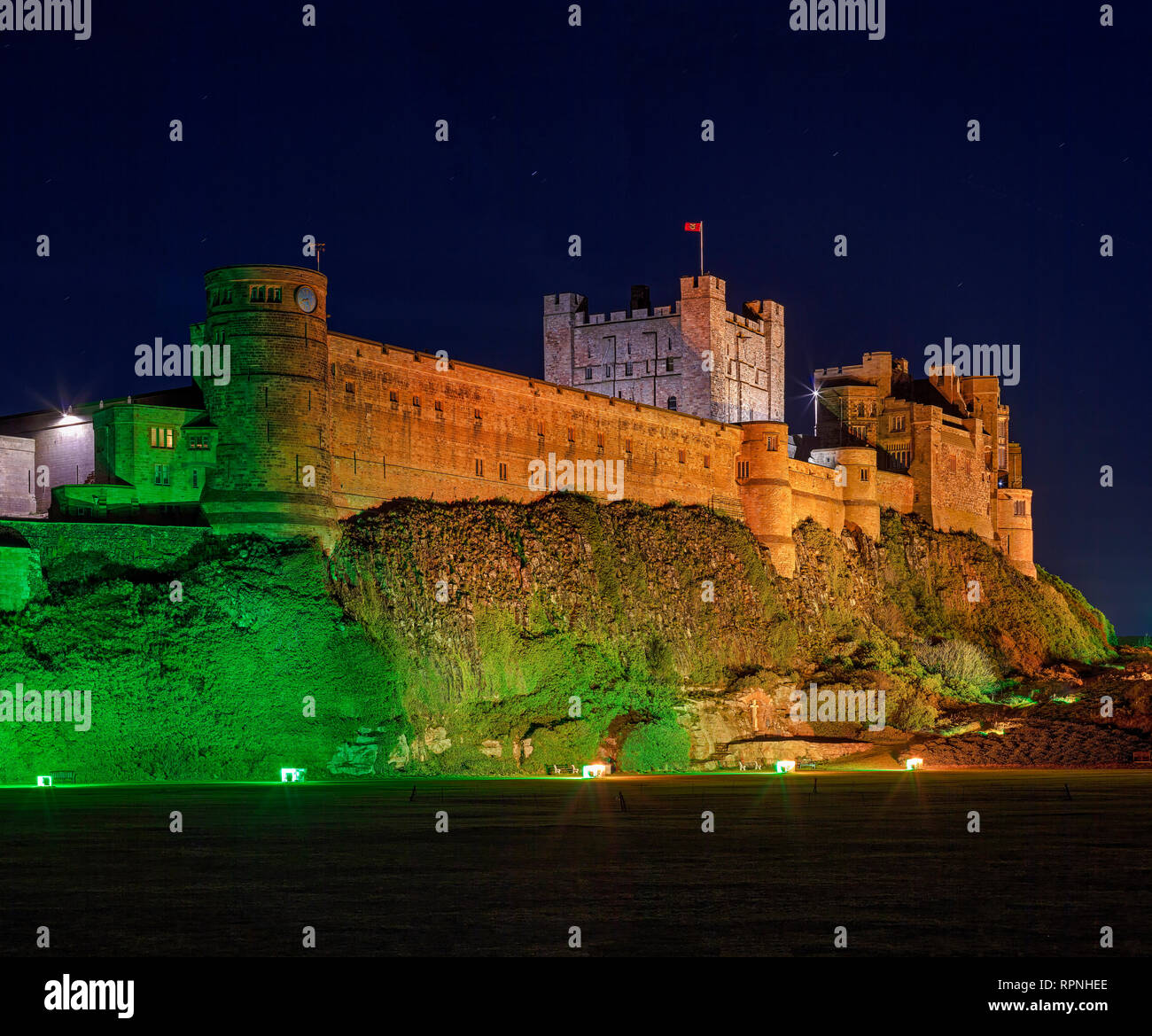 Bamburgh Castle at night, Bamburgh, Northumberland, england, United Kingdom Stock Photo