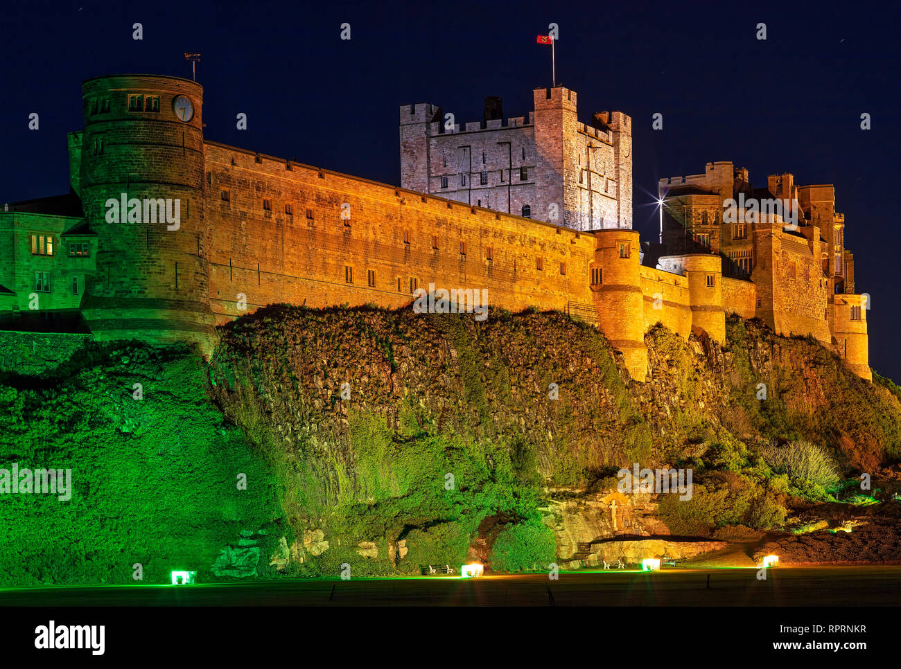 Bamburgh Castle at night, Bamburgh, Northumberland, england, United Kingdom Stock Photo