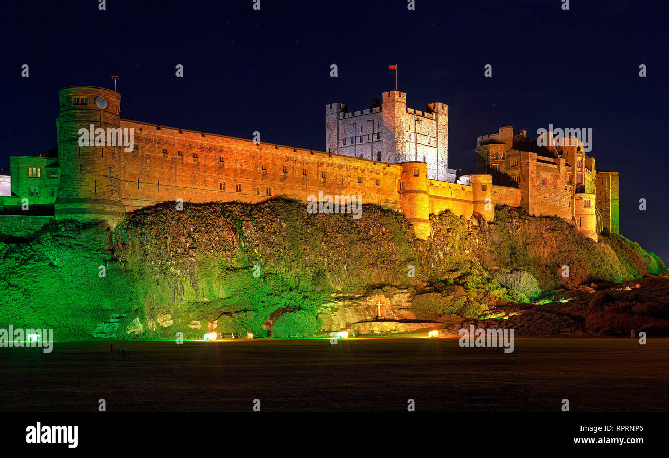 Bamburgh Castle at night, Bamburgh, Northumberland, england, United Kingdom Stock Photo