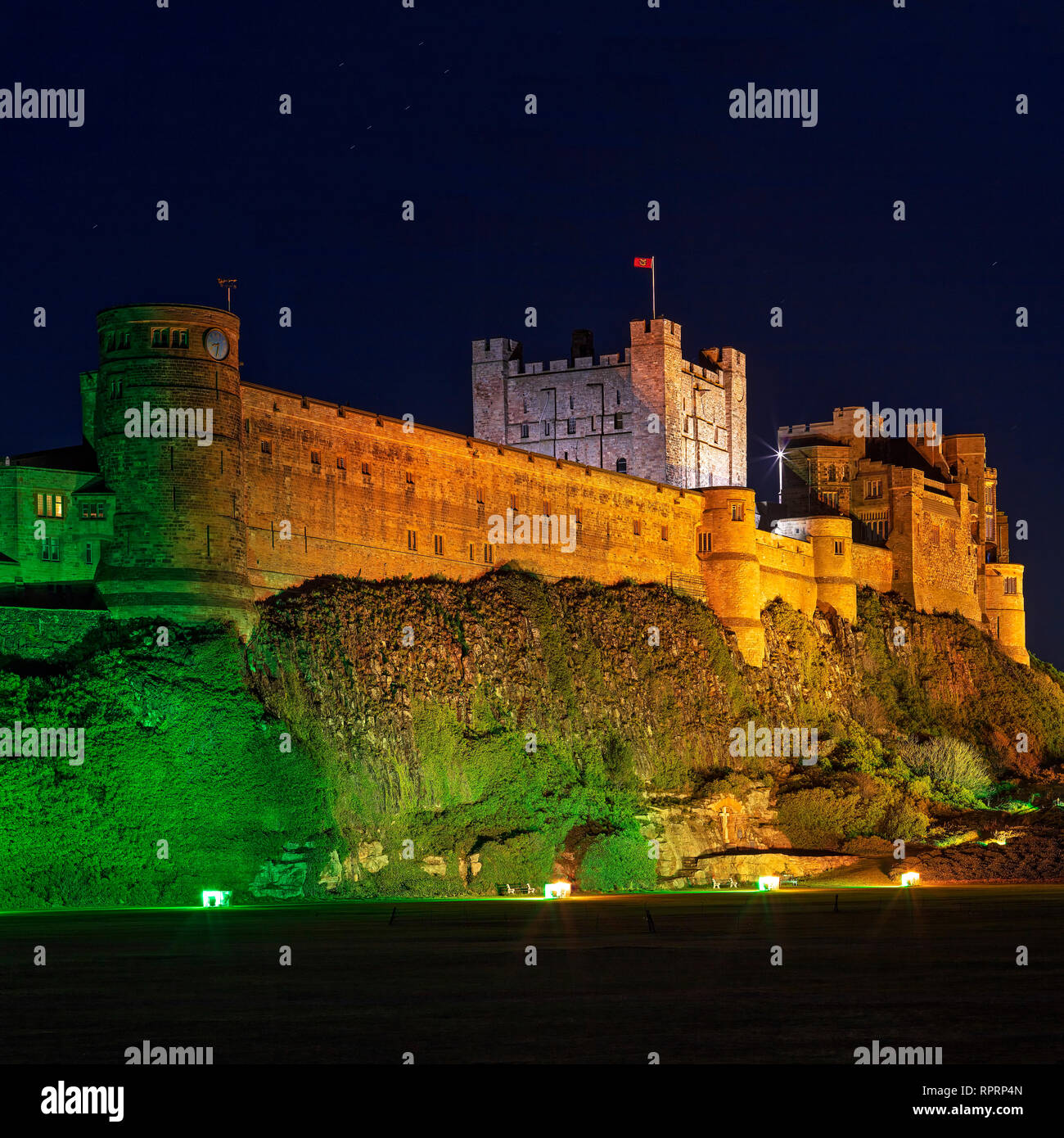 Bamburgh Castle at night, Bamburgh, Northumberland, england, United Kingdom Stock Photo