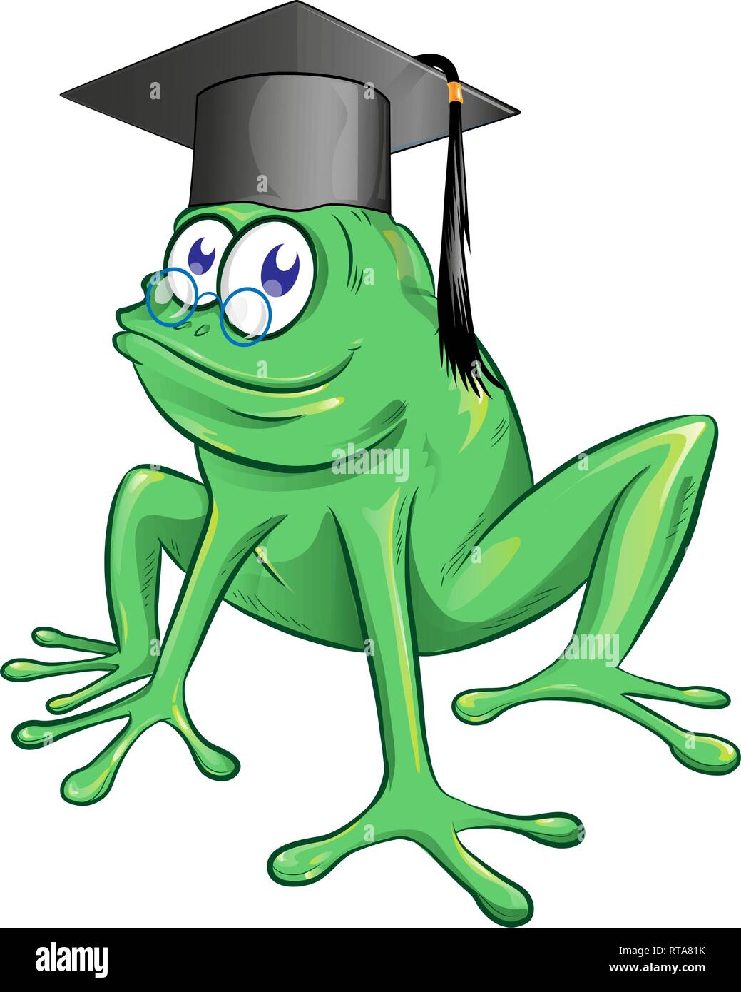 illustration of a happy smiling frog wearing a black graduate mortarboard cap with a tassel isolated on white Stock Vector