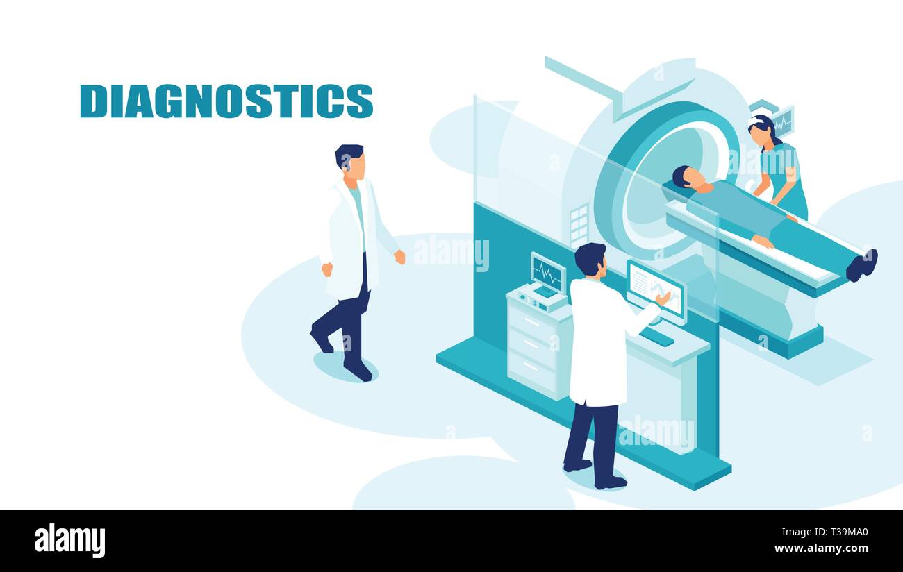 Isometric vector of a radiologist doctor and nurse performing patient brain body scan on MRI machine Stock Vector