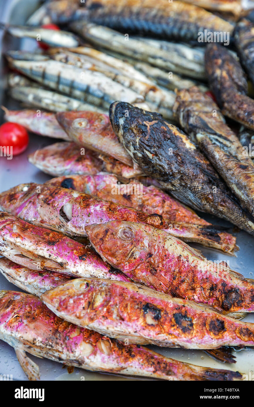 hot smoked vatious fishes closeup background Stock Photo