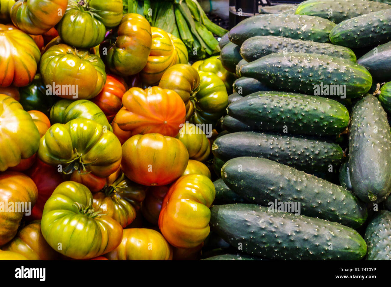 Vegetable market tomatoes cucumbers Spain Stock Photo