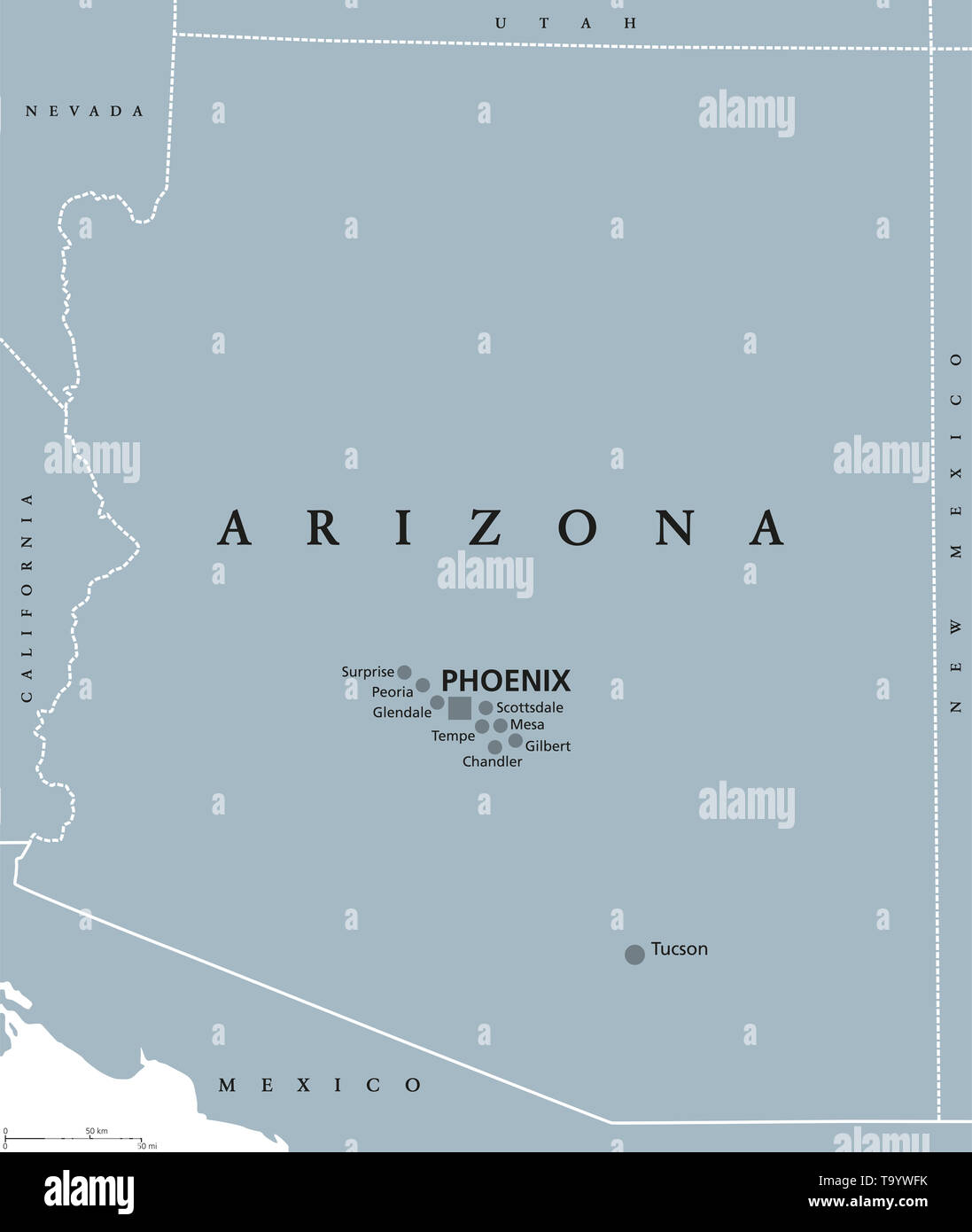 Arizona political map with capital Phoenix. State in southwestern region of United States, Part of Western and Mountain States. The Grand Canyon State Stock Photo