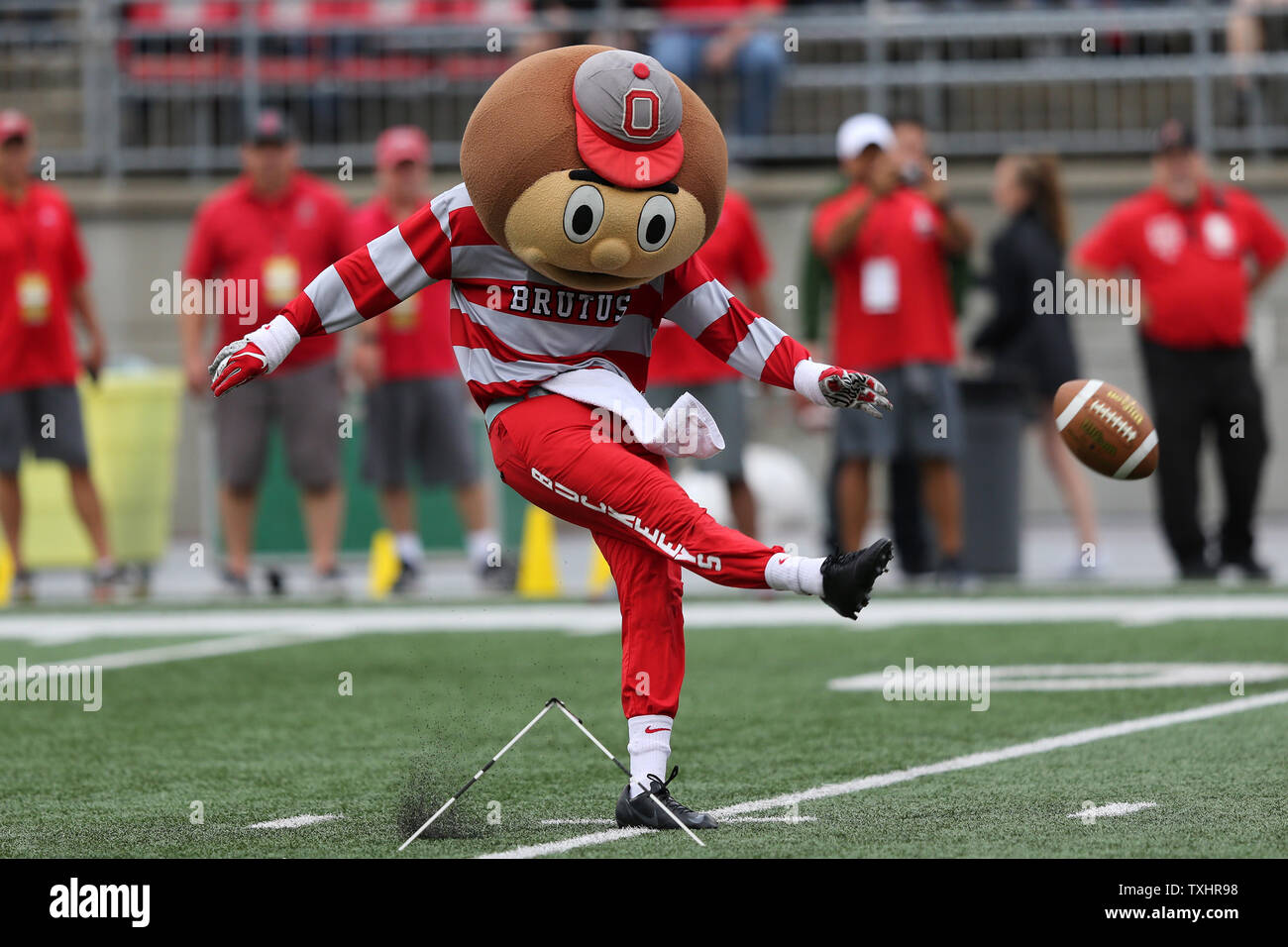 Ohio State mascot Brutus Buckeye kicks field goals prior to the Buckeyes game against Tulane September 22, 2018 in Columbus, Ohio. Photo by Aaron Josefczyk/UPI Stock Photo