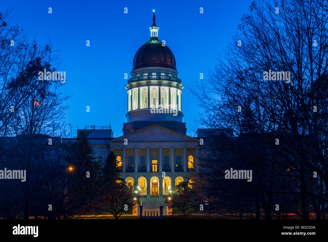 USA, Maine, Augusta, Maine State House, designed by Charles Bulfinch, 1832, with new copper dome, 2014, dusk Stock Photo