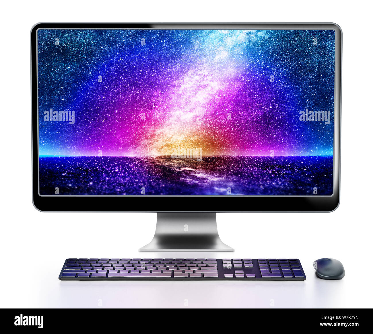 Modern desktop computer with vivid wallpaper. 3D illustration. Stock Photo