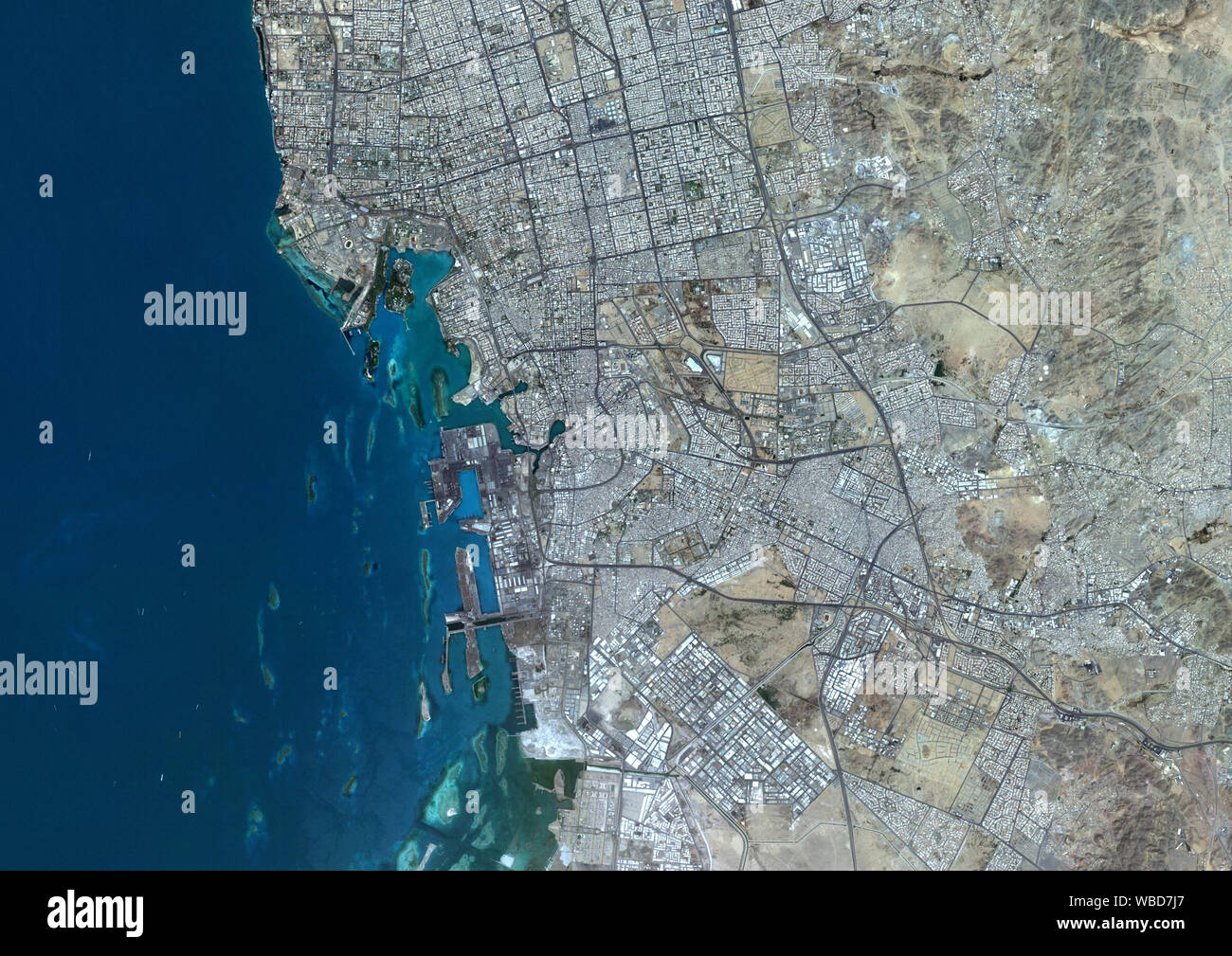 Color satellite image of Jeddah, Saudi Arabia. Image collected on May 17, 2018 by Sentinel-2 satellites. Stock Photo