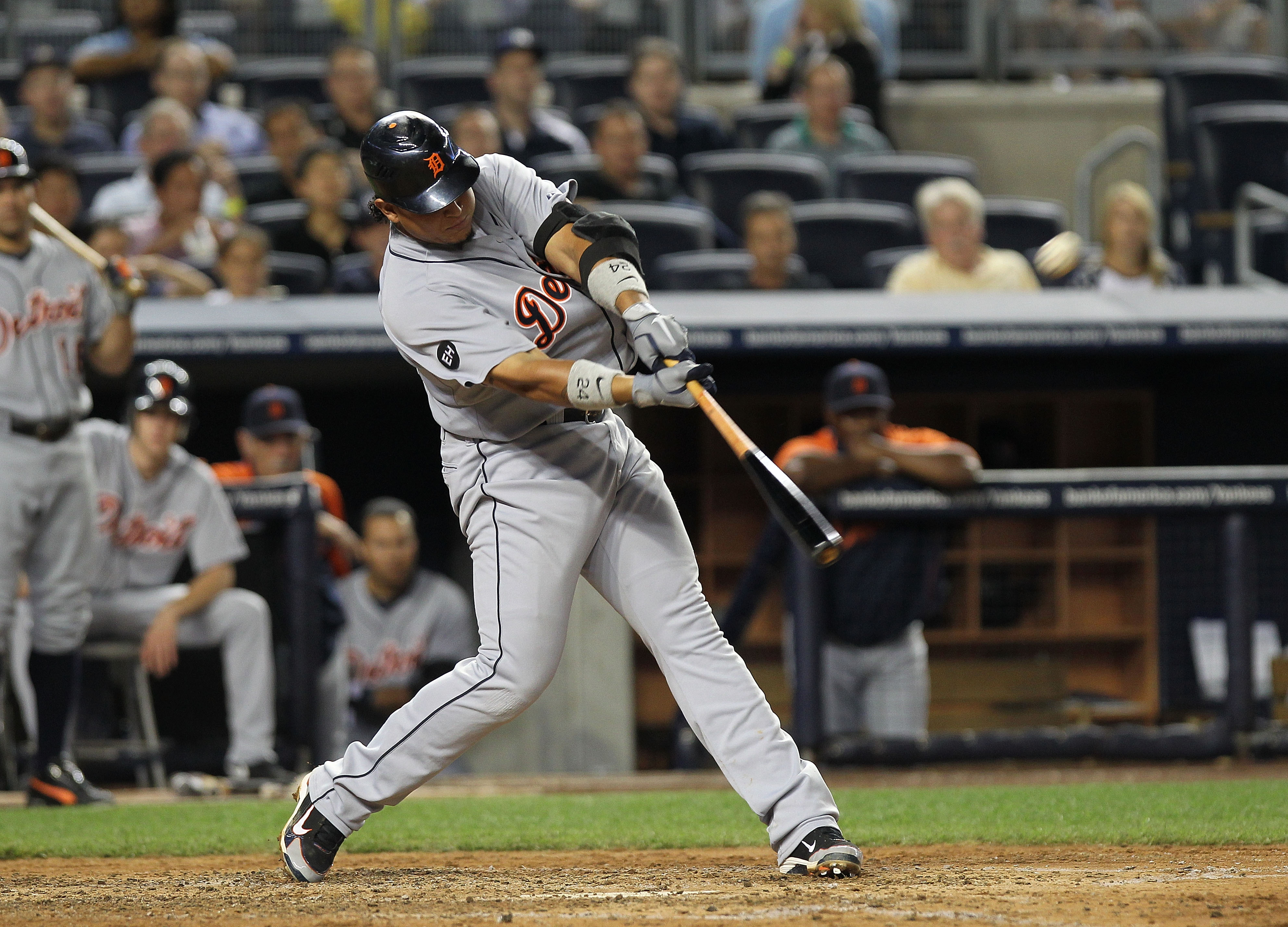 NEW YORK - AUGUST 18:  Miguel Cabrera #24 of the Detroit Tigers hits his second solo home run against the New York Yankees at Yankee Stadium on August 18, 2010 in the Bronx borough of New York City.  (Photo by Nick Laham/Getty Images)