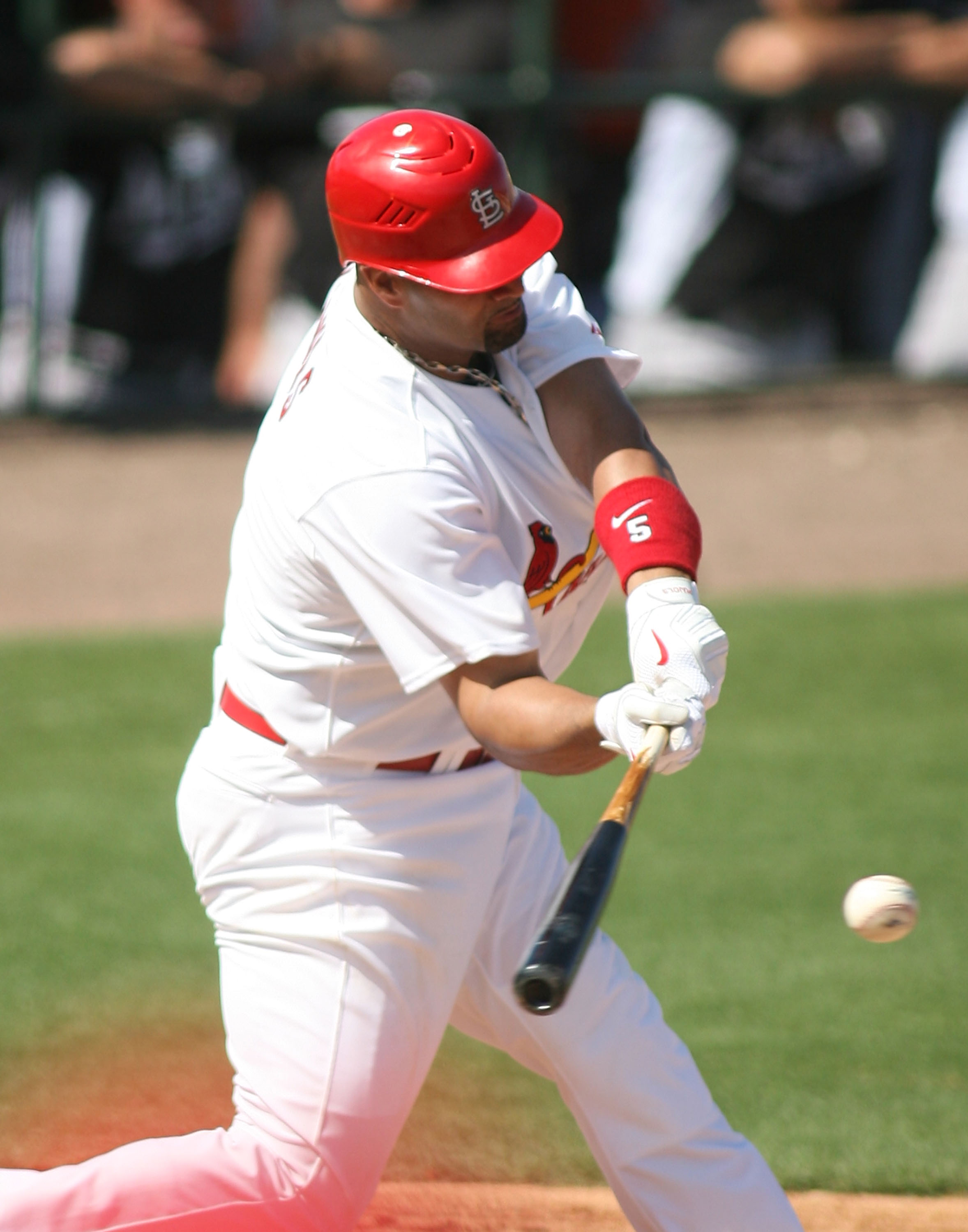 JUPITER, FL - FEBRUARY 28:  Albert Pujols #5 of the St. Louis Cardinals bats against the Florida Marlins at Roger Dean Stadium on February 28, 2011 in Jupiter, Florida.  (Photo by Marc Serota/Getty Images)