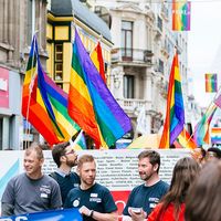 The Belgian pride parade 2017. People marching through Brussels streets with LGBT flags and posters.